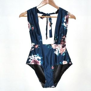 Deep Cut Floral Swimsuit One Piece Triangle Top